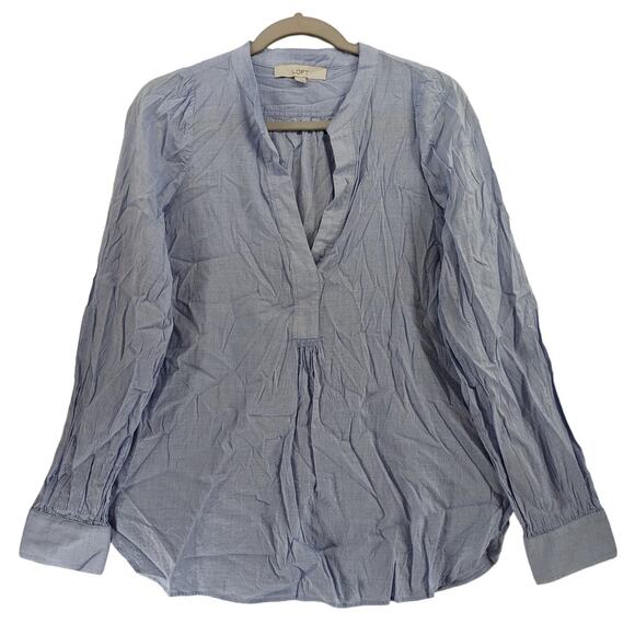 Loft VNeck Blouse L Blue Office Shirt‎ Flowy Long Sleeve Workwear Office Loose - Picture 1 of 9